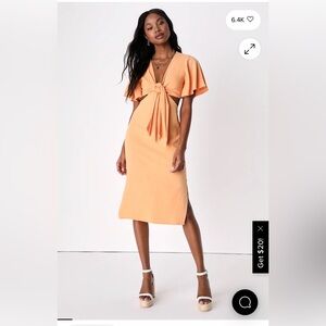 Lulu's Orange Tie-Front Linen Blend Midi Dress with Flutter Sleeves